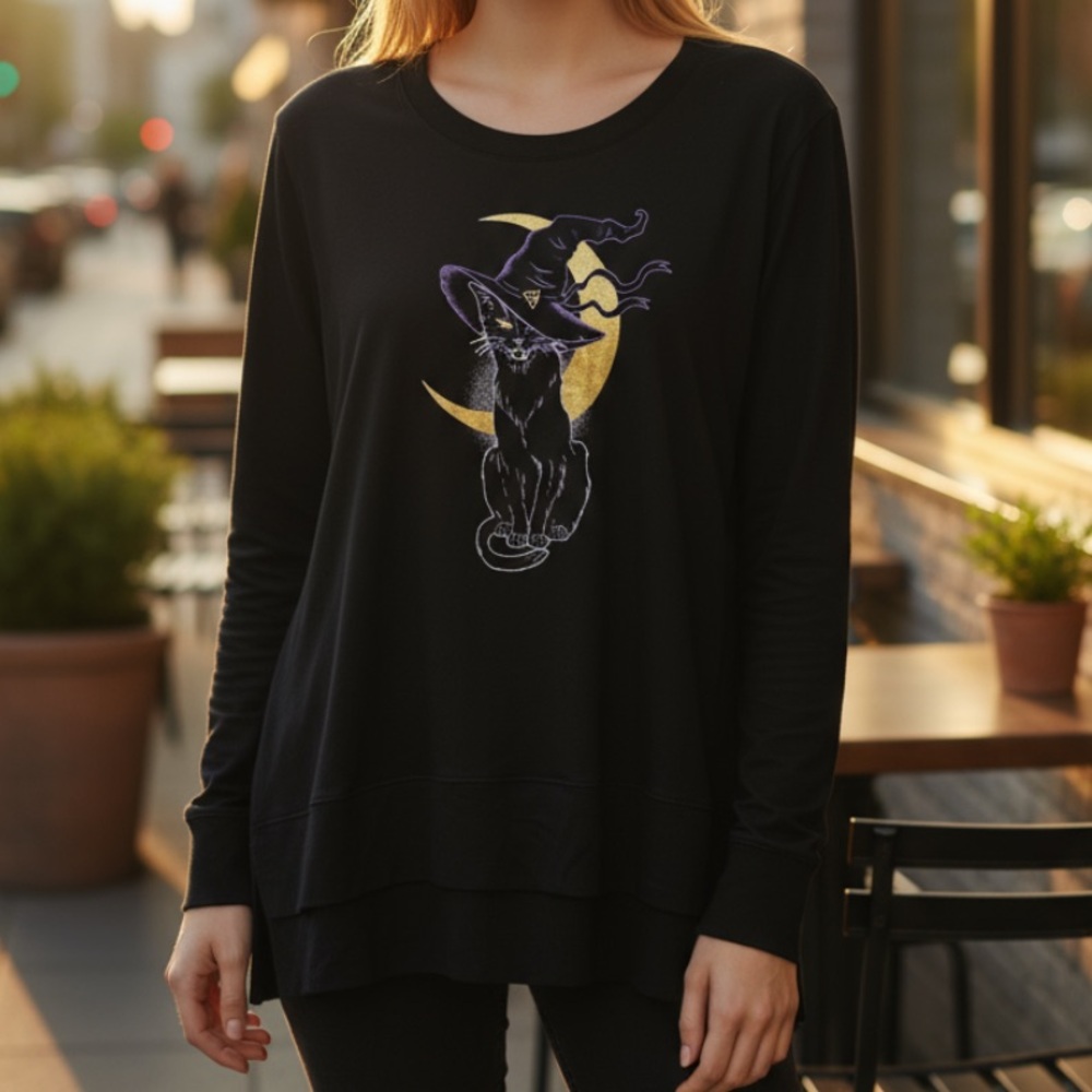 Halloween Celebrate Black Cat Witch Moon Long Sleeve Shirt Large
